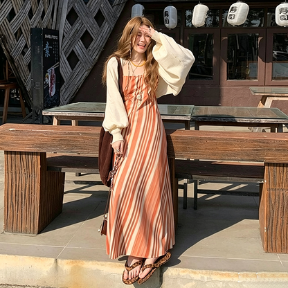 M~4XL【セットアップ】【単品注文】大きいサイズ ストライプキャミワンピース レディース 夏 タイトシルエット ロング丈 体型カバー 着痩せデザイン【SHシリーズ】