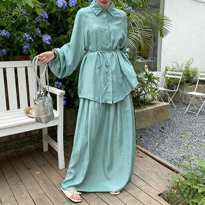 2点セット！【セットアップ】春新作 韓国風 大きいサイズ レディース ゆったりシルエット ウエストリボン シャツ+スカート 上下セット【JZシリーズ】