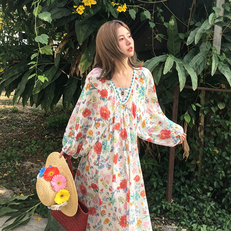 【ワンピース】韓国風 花柄ロングワンピース レディース ナチュラル デザイン感 ゆったり 体型カバー リゾートコーデ【SHシリーズ】