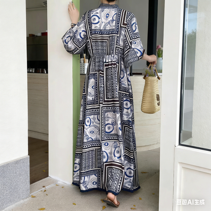 【ワンピース】レディース カジュアルゆったり大きめサイズ 2026新作 リゾート風プリント長袖ワンピース【SHシリーズ】