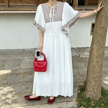 【ワンピース】大人リゾートワンピース レディース 刺繍デザイン Vネック マキシ丈 ゆったり 着痩せ【JZシリーズ】