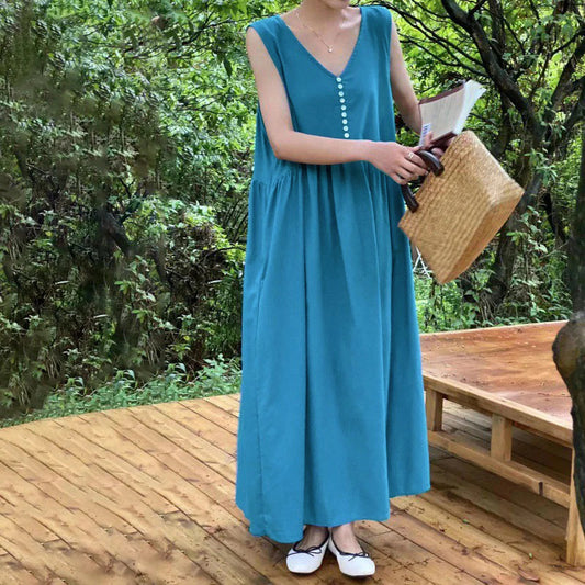 【ワンピース】4カラー 韓国風 春夏用 フレンチレトロ ノースリーブ ゆったりワンピース