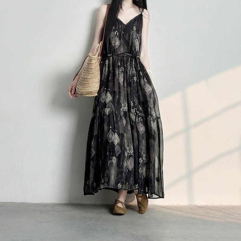 期間限定🌙60%OFF【ワンピース】フレンチ風 花柄キャミワンピース レディース 夏 Vネック ノースリーブ ロング丈 リゾート風 ナチュラル【SHシリーズ】