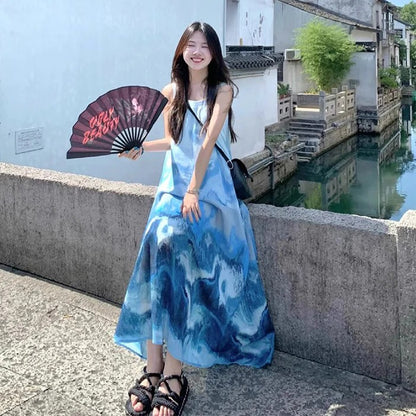 【ワンピース】上品！新中式水墨風 タイダイ柄 Aライン ノースリーブワンピース【SHシリーズ】【JZシリーズ】