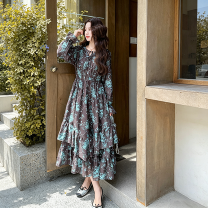 【ワンピース】フレンチクラシカル花柄ワンピース レディース 春秋 Vネック ウエストシェイプ ロング丈 大人上品【SHシリーズ】