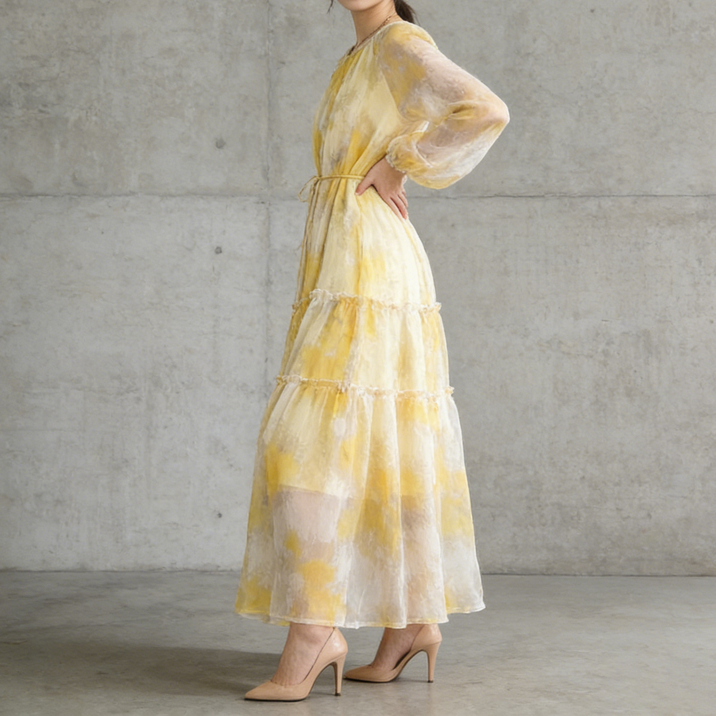 【ワンピース】長袖 ラウンドネック ウエストマーク Aライン 絞り染めプリント ロングワンピース リゾート 海辺 フレアワンピース【SHシリーズ】