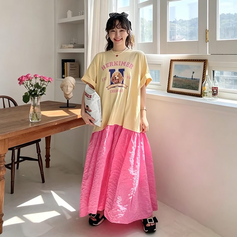 【ワンピース】韓国風 プリント配色ワンピース レディース 半袖 ゆったり カジュアル 体型カバー 夏ワンピース【JZシリーズ】