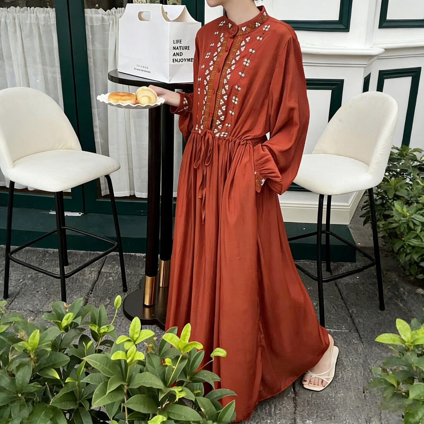【ワンピース】9カラー 春新作 エスニック風 刺繍 リゾートワンピース レディース ロング丈 大きいサイズ 体型カバー ゆったり 長袖ワンピース【JZシリーズ】