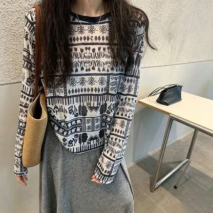【トップス】総柄プリントロンT レディース 薄手 長袖 UV対策 クルーネック 春夏Ｔシャツ【JZシリーズ】