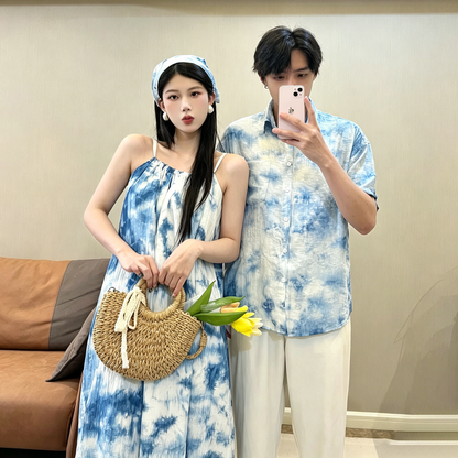 💕カップルコーデ【ワンピース】夏新作 リゾート風 タイダイ染め ペアルック ワンピース＆シャツ ビーチ ノースリーブ 個性デザイン ペアルック【SHシリーズ】