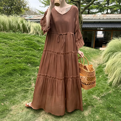 【ワンピース】体型カバー ワンピース レディース パープル ロング丈 ゆったり ウエストマーク 大きいサイズ【JZシリーズ】