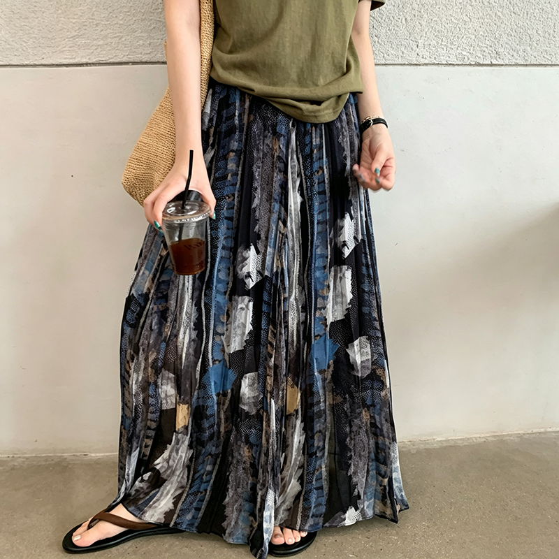 【ボトムス】水彩風プリントスカート レディース ロング丈 ボリュームフレア 落ち感素材 体型カバー【SHシリーズ】