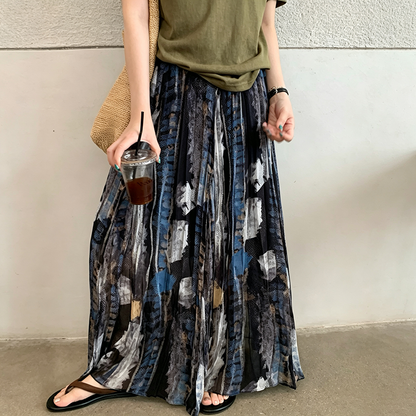 【ボトムス】水彩風プリントスカート レディース ロング丈 ボリュームフレア 落ち感素材 体型カバー【SHシリーズ】