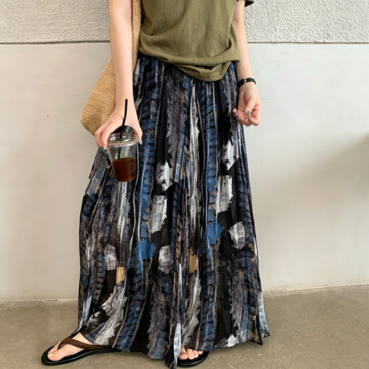 【ボトムス】水彩風プリントスカート レディース ロング丈 ボリュームフレア 落ち感素材 体型カバー【SHシリーズ】