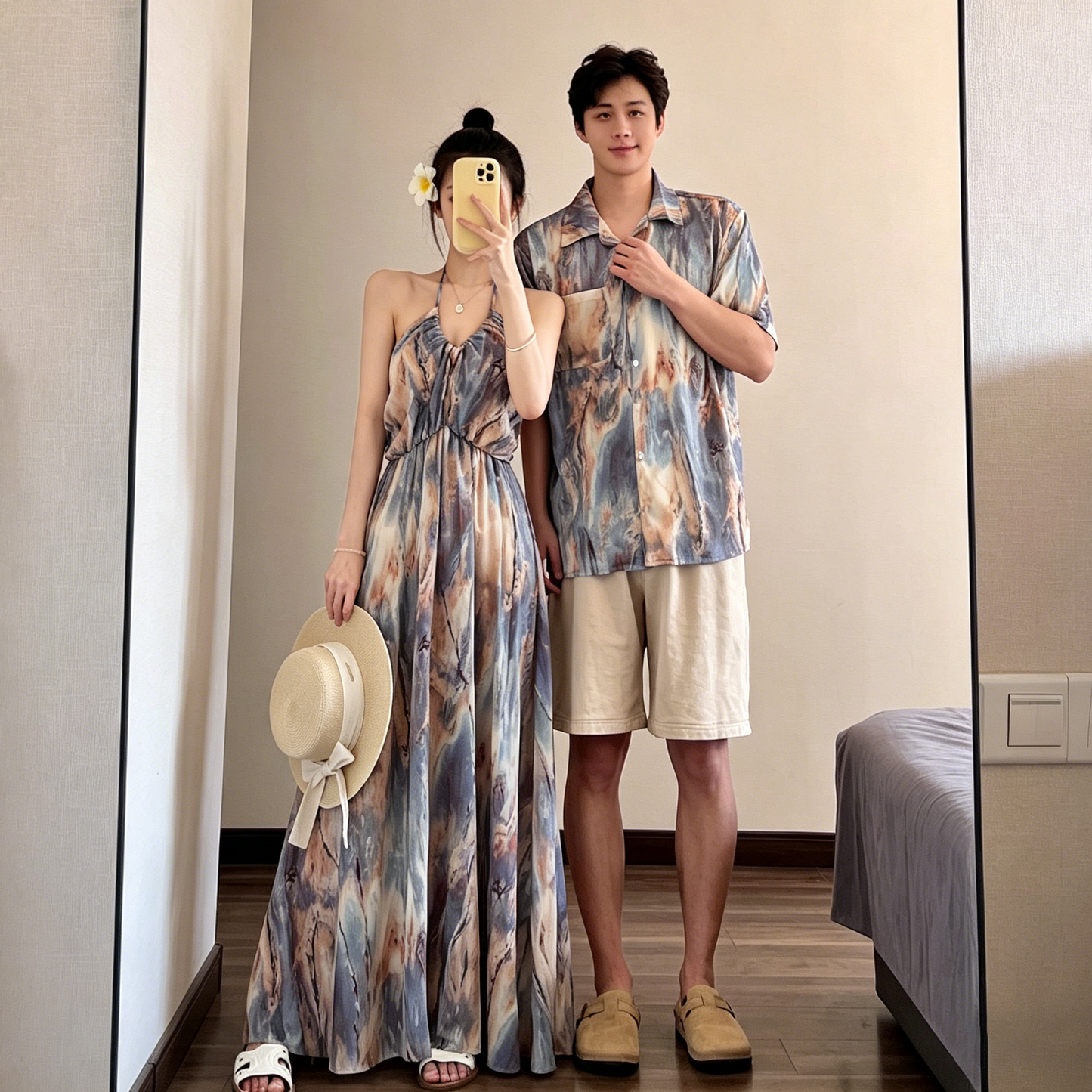 💕カップルコーデ【ワンピース】海辺リゾート風 ホルターネック キャミワンピース＆シャツ ノースリーブ おしゃれワンピース ペアルック【SHシリーズ】