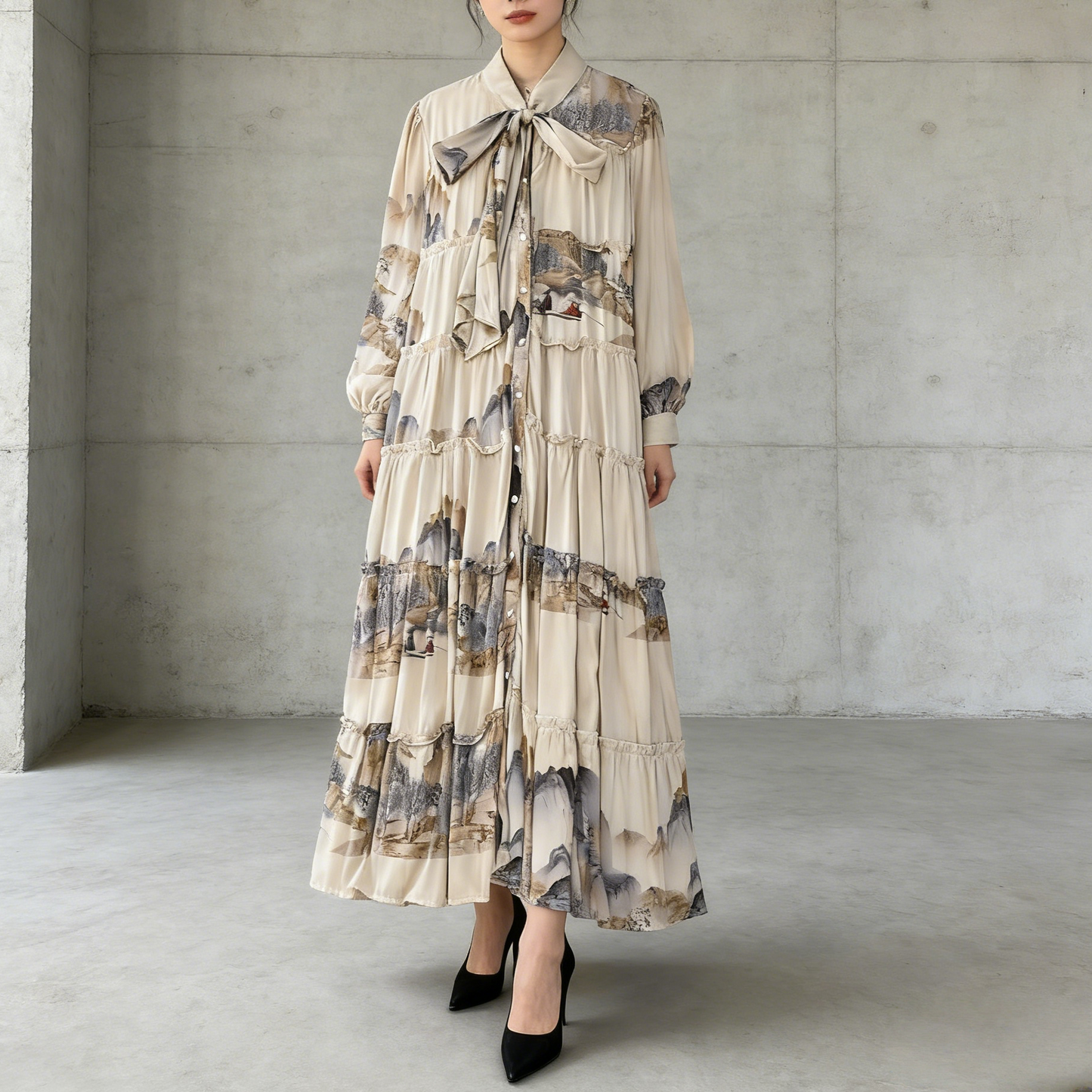 【ワンピース】プリントVネック お腹周りカバー フリル 長袖 ワンピース 【SHシリーズ】