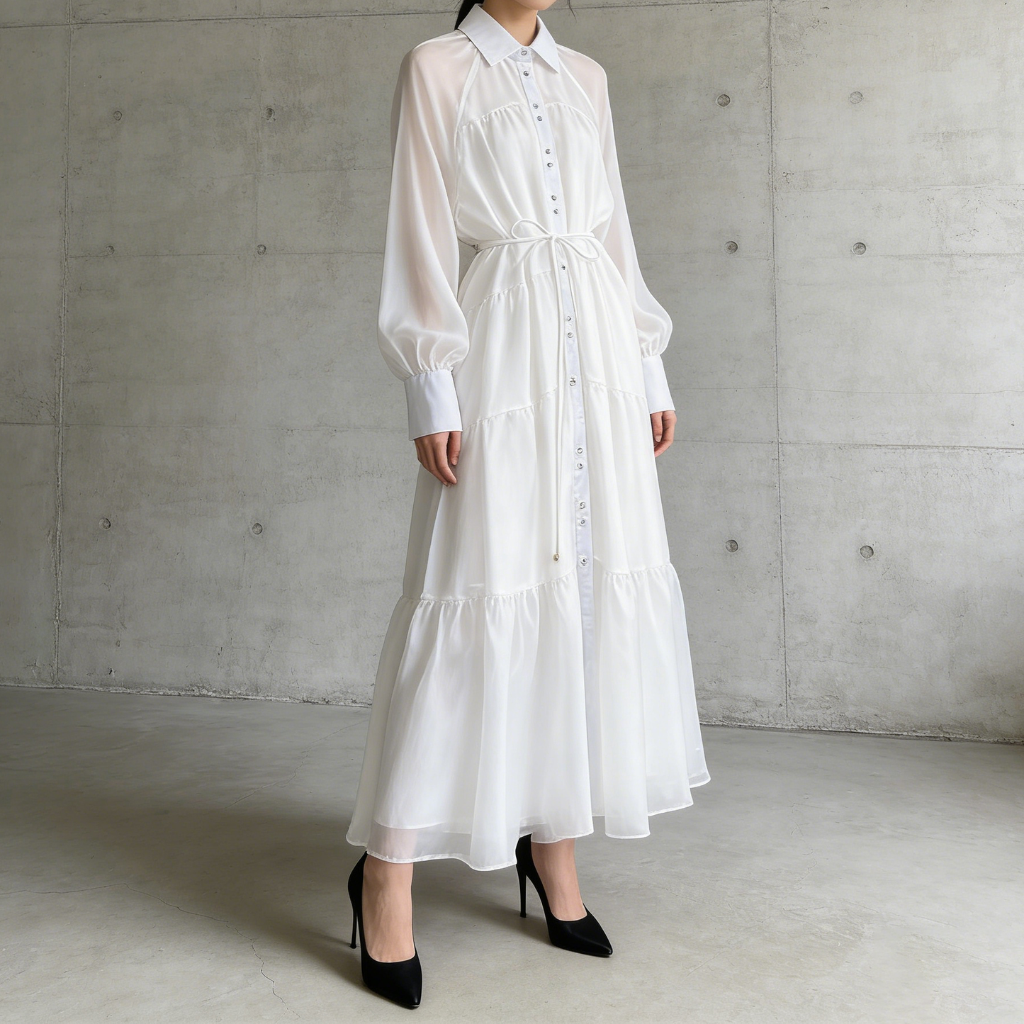 【ワンピース】レオパード柄 ウエストマーク 細見え チュール ボリュームフレア 長袖ワンピース【SHシリーズ】【15～20日内発送】