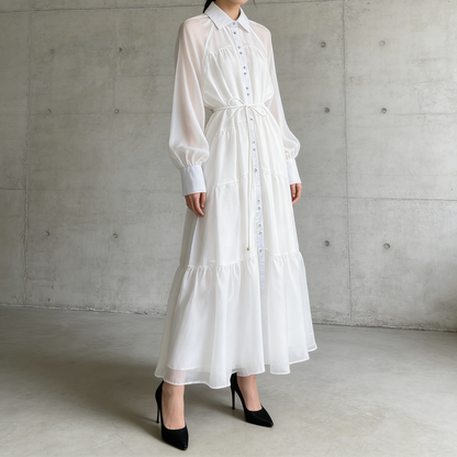 【ワンピース】レオパード柄 ウエストマーク 細見え チュール ボリュームフレア 長袖ワンピース【SHシリーズ】【15～20日内発送】