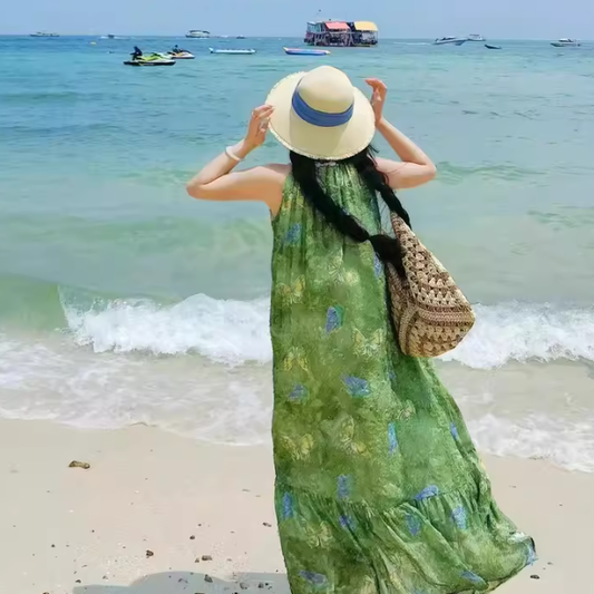 【ワンピース】【10～15日内発送】花柄 フレンチティードレス ノースリーブホルターネックワンピース 高級感 夏の絶美アイテム【SHシリーズ】