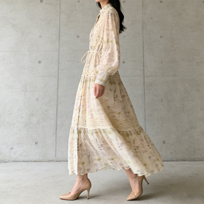 【ワンピース】主役級ワンピ✨ 春の贅沢レース 刺繍ドレス 長袖ワンピース｜ウエストマークで驚きのスタイルアップ【SHシリーズ】