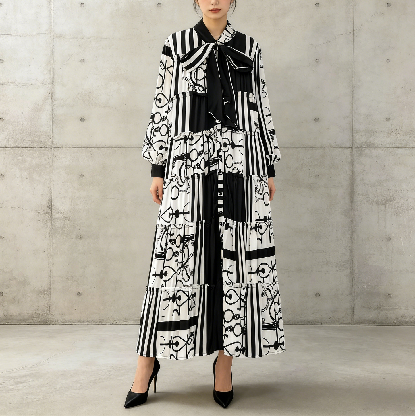 【ワンピース】プリントVネック お腹周りカバー フリル 長袖 ワンピース 【SHシリーズ】