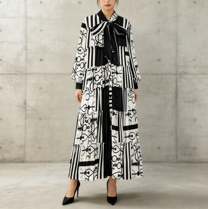 【ワンピース】プリントVネック お腹周りカバー フリル 長袖 ワンピース 【SHシリーズ】