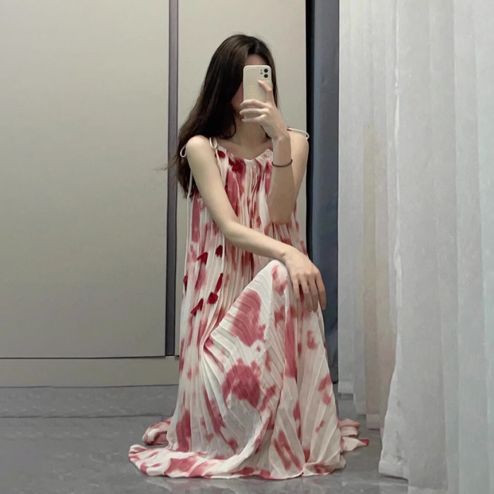 【ワンピース】【10～15日内発送】タイダイ染め レッド 海辺リゾート ノースリーブワンピース【SHシリーズ】