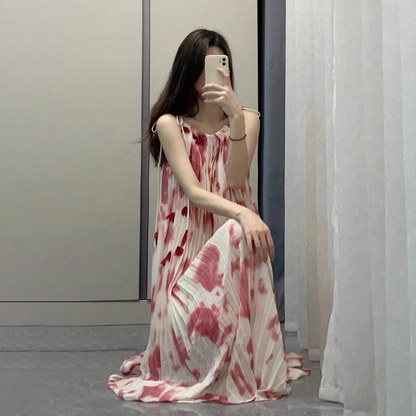 【ワンピース】【10～15日内発送】タイダイ染め レッド 海辺リゾート ノースリーブワンピース【SHシリーズ】