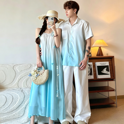 💕カップルコーデ【ワンピース】 海辺風 2026夏 キャミワンピース レディース フレンチ ノースリーブワンピース＆シャツ INS風 ペアルック【SHシリーズ】