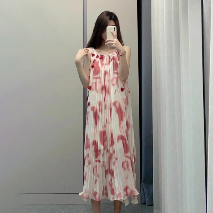 【ワンピース】【10～15日内発送】タイダイ染め レッド 海辺リゾート ノースリーブワンピース【SHシリーズ】