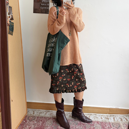 【ボトムス】レトロ小花柄コーデュロイミディスカート レディース 秋新作 メローフリル ストレート ゆったり【SHシリーズ】
