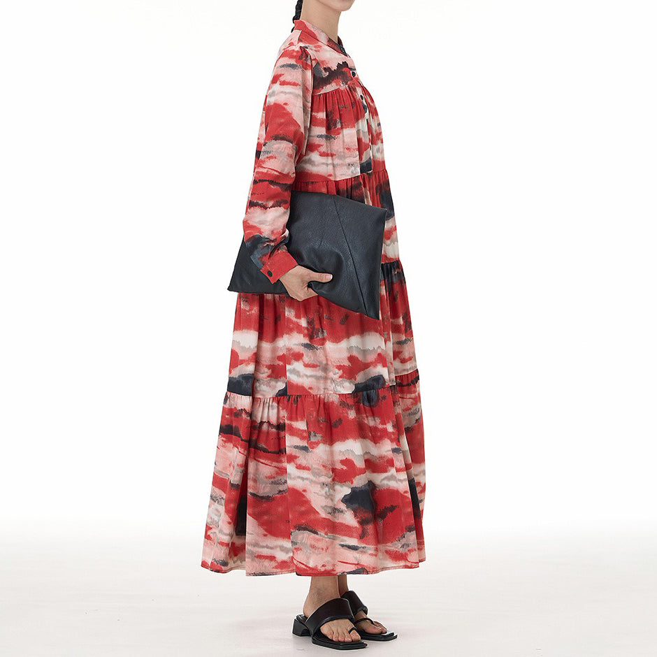 【ワンピース】ヴィンテージ風 ティアードワンピース 春夏新作 大きいサイズ レディース ルーズシルエット 長袖 着痩せ効果 バカンス・お出かけ向け ロングワンピース【SHシリーズ】