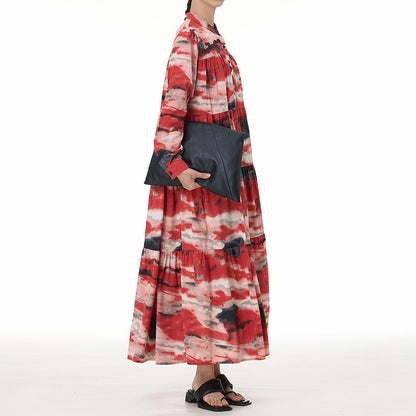 【ワンピース】ヴィンテージ風 ティアードワンピース 春夏新作 大きいサイズ レディース ルーズシルエット 長袖 着痩せ効果 バカンス・お出かけ向け ロングワンピース【SHシリーズ】