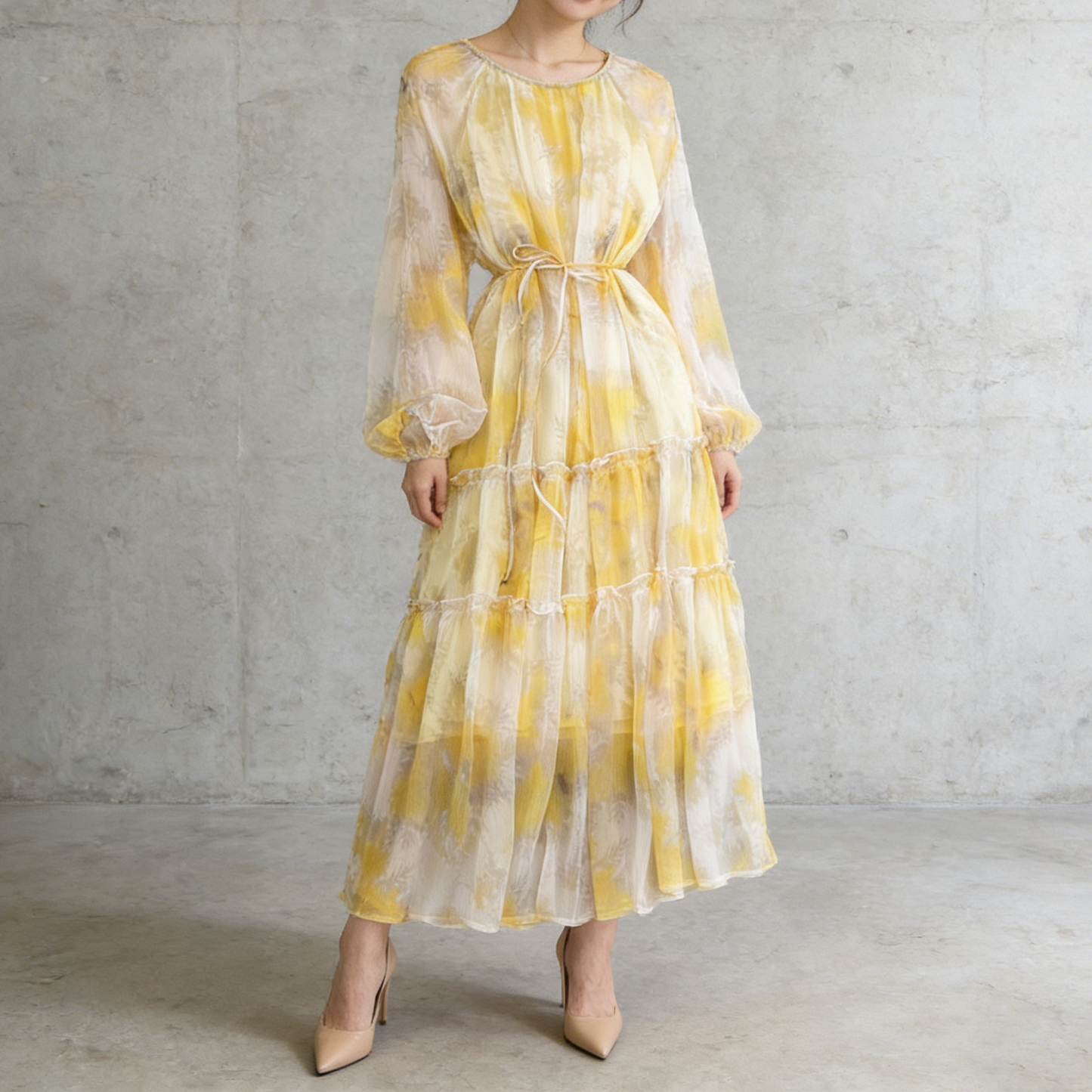 【ワンピース】長袖 ラウンドネック ウエストマーク Aライン 絞り染めプリント ロングワンピース リゾート 海辺 フレアワンピース【SHシリーズ】