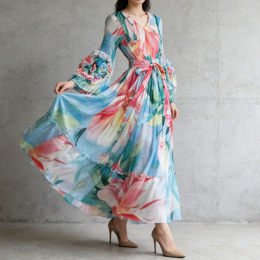 【ワンピース】フレンチ花柄ワンピース Vネック 長袖 立体フラワー フレアロング 着痩せ エレガント リゾートワンピ【SHシリーズ】