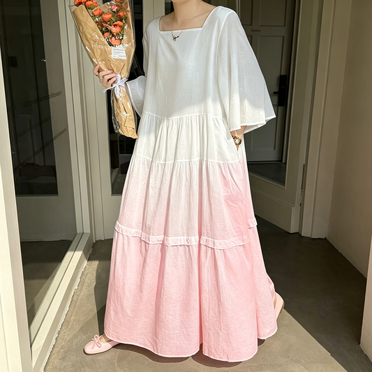 【ワンピース】グラデーションロング 半袖ワンピース レディース 着痩せ 美シルエット リゾート風 夏ワンピース【SHシリーズ】