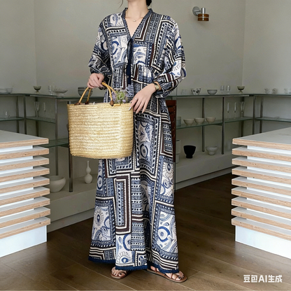 【ワンピース】レディース カジュアルゆったり大きめサイズ 2026新作 リゾート風プリント長袖ワンピース【SHシリーズ】