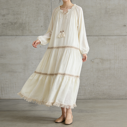 【ワンピース】一目惚れ確定！リゾート感たっぷり 民族風ロングドレス｜タッセル＆フレア袖 長袖ワンピース【SHシリーズ】