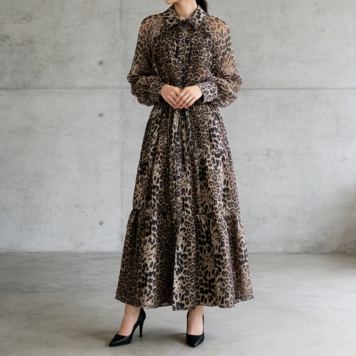 【ワンピース】レオパード柄 ウエストマーク 細見え チュール ボリュームフレア 長袖ワンピース【SHシリーズ】【15～20日内発送】