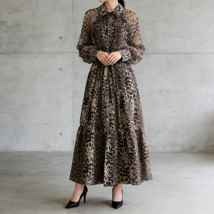 【ワンピース】レオパード柄 ウエストマーク 細見え チュール ボリュームフレア 長袖ワンピース【SHシリーズ】【15～20日内発送】