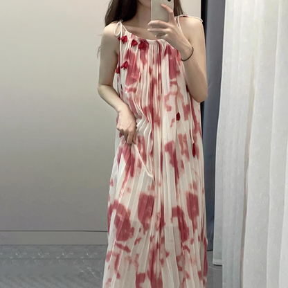 【ワンピース】【10～15日内発送】タイダイ染め レッド 海辺リゾート ノースリーブワンピース【SHシリーズ】