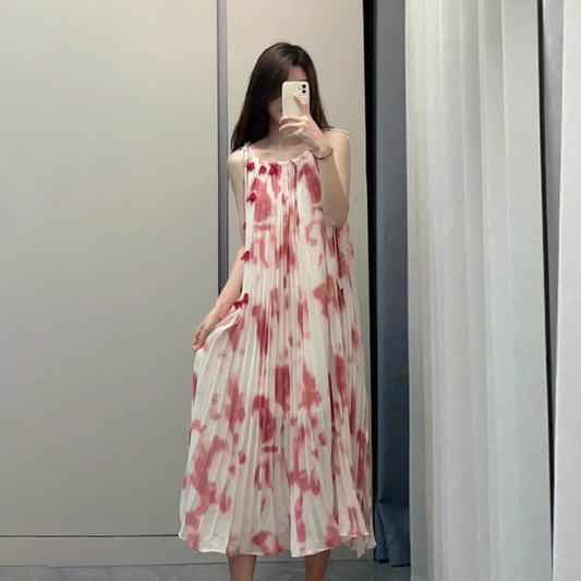 【ワンピース】【10～15日内発送】タイダイ染め レッド 海辺リゾート ノースリーブワンピース【SHシリーズ】