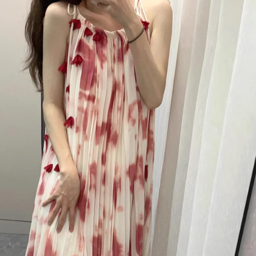 【ワンピース】【10～15日内発送】タイダイ染め レッド 海辺リゾート ノースリーブワンピース【SHシリーズ】