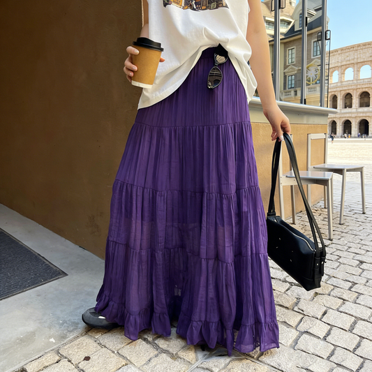 【ボトムス】春夏新作 レディース シフォンロングスカート ハイウエスト 体型カバー 切り替え ティアードスカート リゾート風【JZシリーズ】