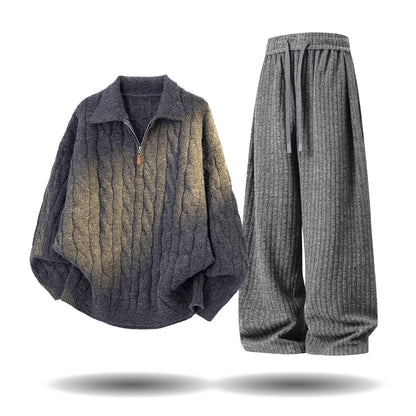 【単品注文】【セットアップ】ヴィンテージ風 ケーブルニット × スウェットパンツ 秋冬 新作 ゆったり ルーズスタイル【FCシリーズ】