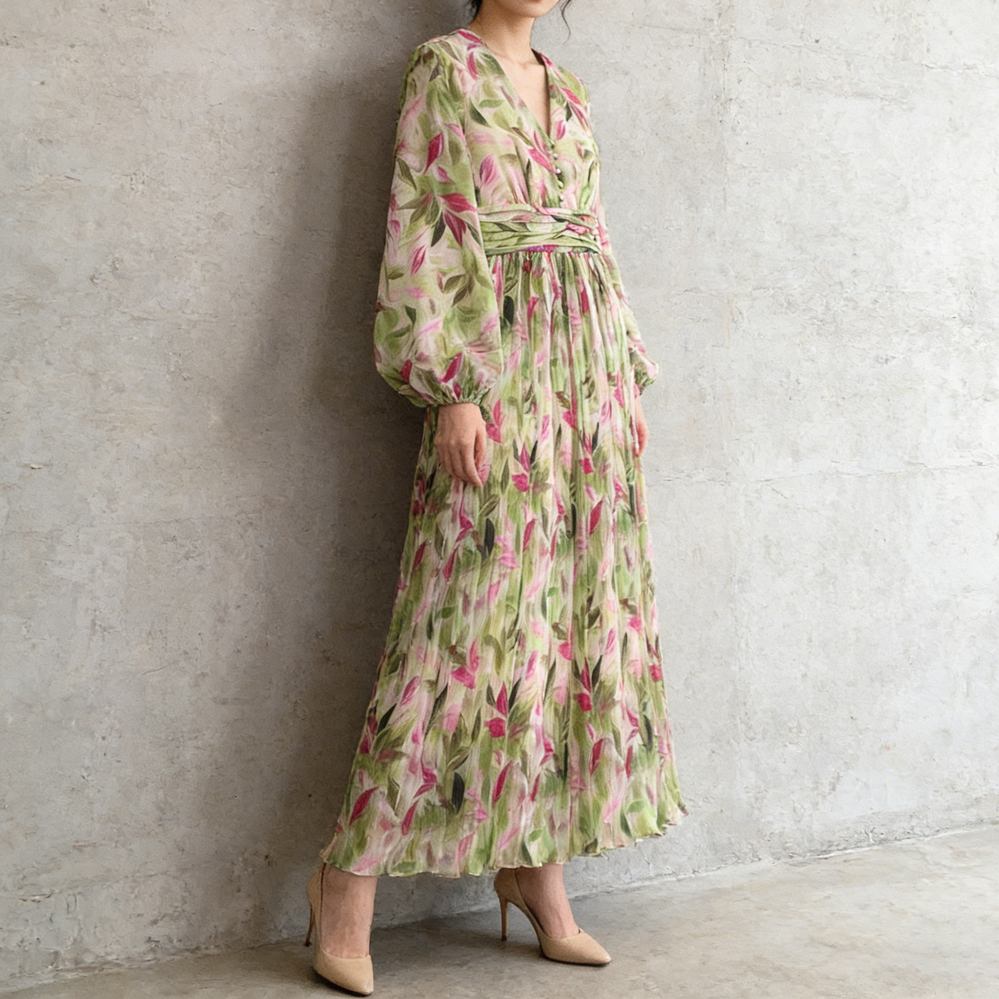 【ワンピース】Vネック ランタンスリーブ ウエストマーク プリーツ加工 花柄 フレア ロングワンピース レディース【SHシリーズ】