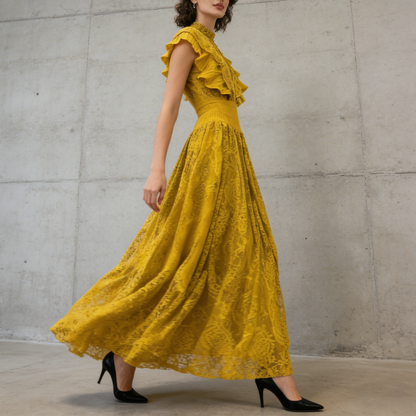 【ワンピース】7色展開 夏 レースワンピース 丸首 長袖 エレガント 着痩せ フリル裾 パーティードレス【JZシリーズ】