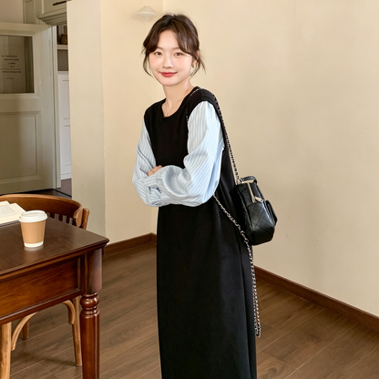 【ワンピース】レイヤード風ワンピース レディース 長袖 ボーダー切り替え スウェットワンピース ゆったり リラックス 秋コーデ【JZシリーズ】