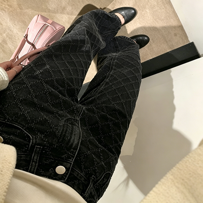 【ボトムス】デニムパンツ レディース ダイヤ柄デザイン ワイドパンツ ストレートシルエット ハイウエスト ゆったり カジュアル【JZシリーズ】