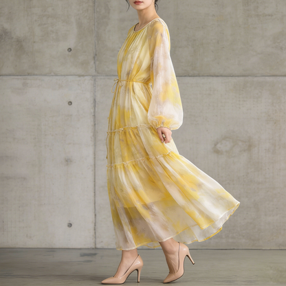 【ワンピース】長袖 ラウンドネック ウエストマーク Aライン 絞り染めプリント ロングワンピース リゾート 海辺 フレアワンピース【SHシリーズ】